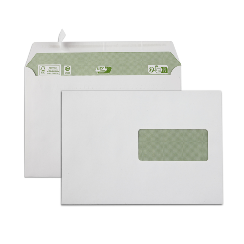 Boîte de 500 enveloppes blanches recyclées C5 162x229 80g/m² fenêtre 45x100 bande de protection FSC-R