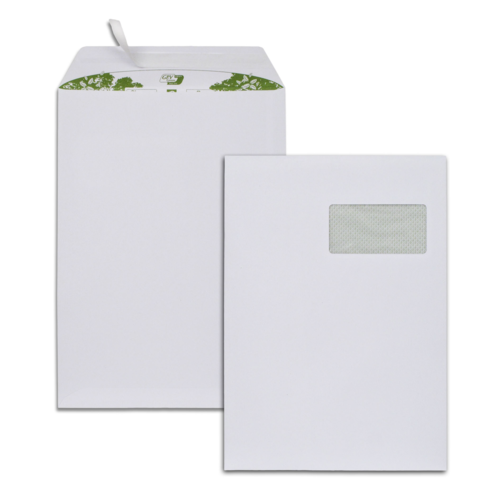 Boite de 250 pochettes extra blanches papier 100% recyclé C4 229x324 100 g/m² fenêtre cristal 100x50 bande de protection FSC-Mixte