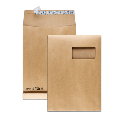 Boite de 250 sacs à soufflets kraft brun C4 229x324 120 g/m² fenêtre 100x50 (25/52) bande de protection PEFC