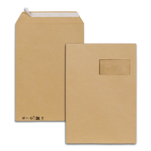 Boîte de 250 pochettes kraft brun recyclé C4 229x324 90 g/m² fenêtre 100X50 bande de protection