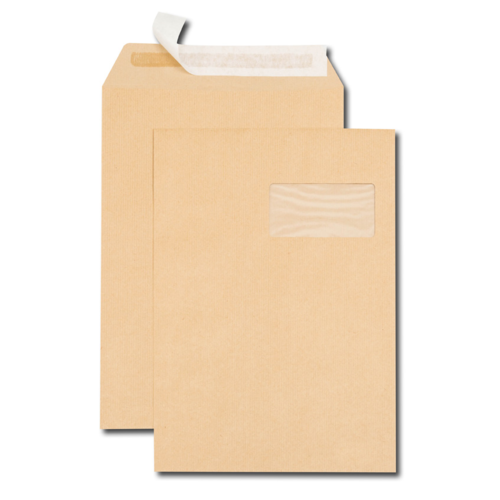 Boîte de 250 pochettes kraft brun C4 229x324 90 g/m² fenêtre 100x50 bande de protection