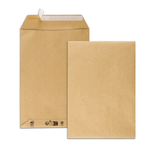 Boîte de 500 pochettes kraft brun recyclé B5 176x250 90 g/m² bande de protection