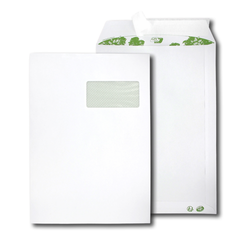 Boite de 250 pochettes extra blanches papier 100% recyclé C4 229x324 90 g/m² fenêtre cristal 100x50 bande de protection NF FSC-Mixte