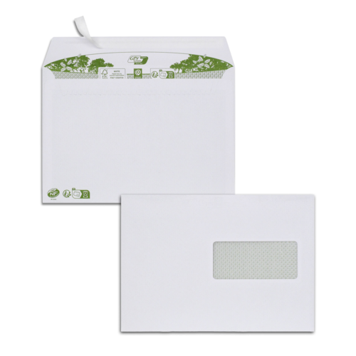 Boîte de 200 enveloppes extra blanches papier 100% recyclé C5 162x229 80 g/m² fenêtre cristal 45x100 bande de protection NF FSC-Mixte