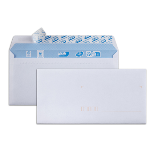 Boîte de 500 enveloppes blanches DL 110x220 80 g/m² précasées bande de protection