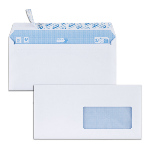 Bloc de 50 enveloppes blanches DL 110x220 90 g/m² fenêtre 45x100 bande de protection