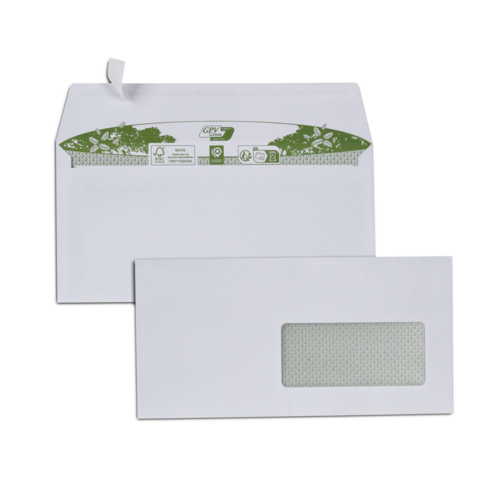 Boite de 500 enveloppes extra blanches papier 100% recyclé DL 110x220 90 g/m² fenêtre cristal 45x100 bande de protection FSC-Mixte