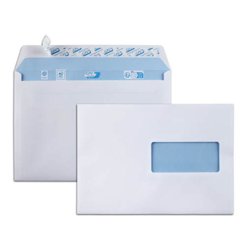 Boîte de 500 enveloppes blanches C5 162x229 90 g/m² fenêtre 45x100 bande de protection