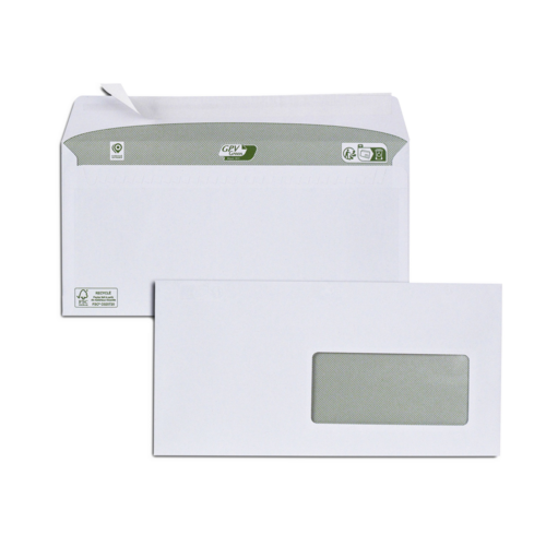 Boite de 500 enveloppes blanches recyclées 100% DL 110x220 80 g/m² fenêtre 45x100 bande de protection