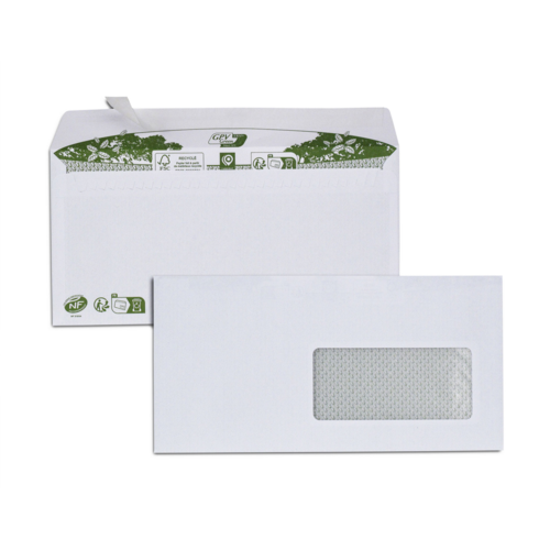 Boite de 200 enveloppes extra blanches papier 100% recyclé DL 110x220 80g/m² fenêtre cristal 45x100 bande de protection NF FSC-Mixte