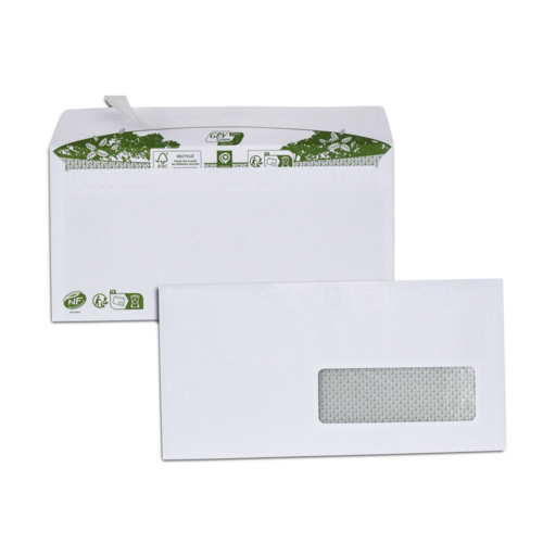 Boite de 500 enveloppes extra blanches papier 100% recyclé DL 110x220 80 g/m² fenêtre cristal 35x100 bande de protection NF FSC-Mixte