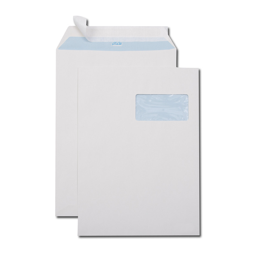 Boite de 250 pochettes blanches recyclées 100% C4 229x324 90 g/m² fenêtre 100x50 bande de protection
